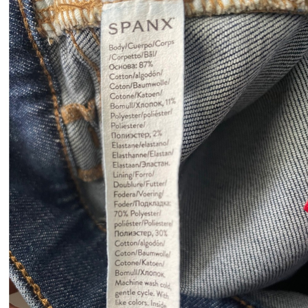 Spanx Flare Jeans Dark Wash High Rise Pull On Shaping Denim Blue Pockets Small - Picture 5 of 7
